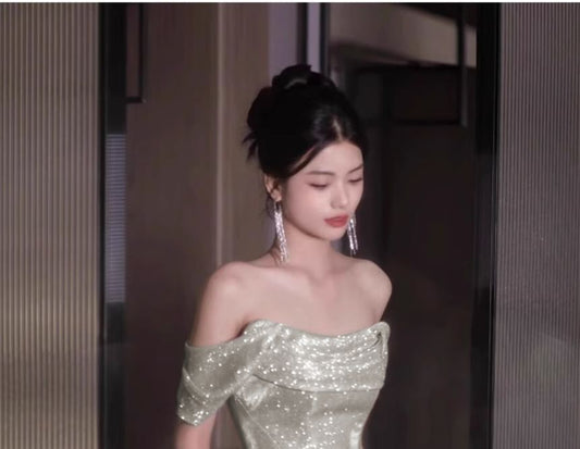 Off-Shoulder Plain Sequin Ruched A-Line Evening Gown