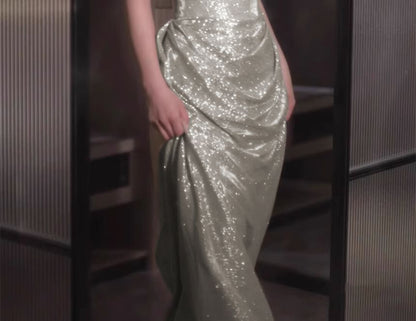 Gown Evening Sequin Plain Off-Shoulder Ruched A-Line