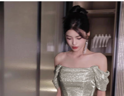 Off-Shoulder Plain Sequin Ruched A-Line Evening Gown