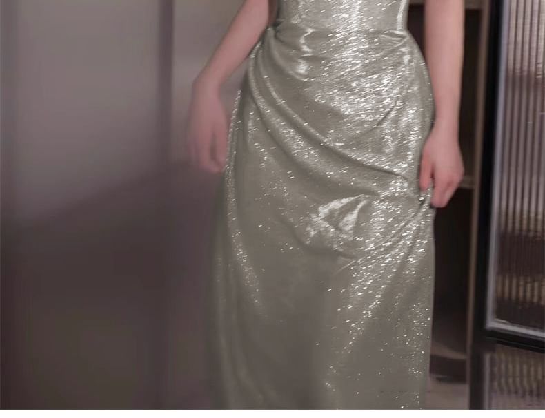 Gown Evening Sequin Plain Off-Shoulder Ruched A-Line