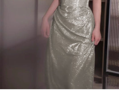 Gown Evening Sequin Plain Off-Shoulder Ruched A-Line