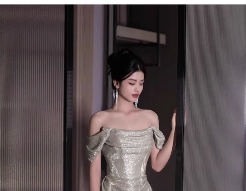 Off-Shoulder Plain Sequin Ruched A-Line Evening Gown