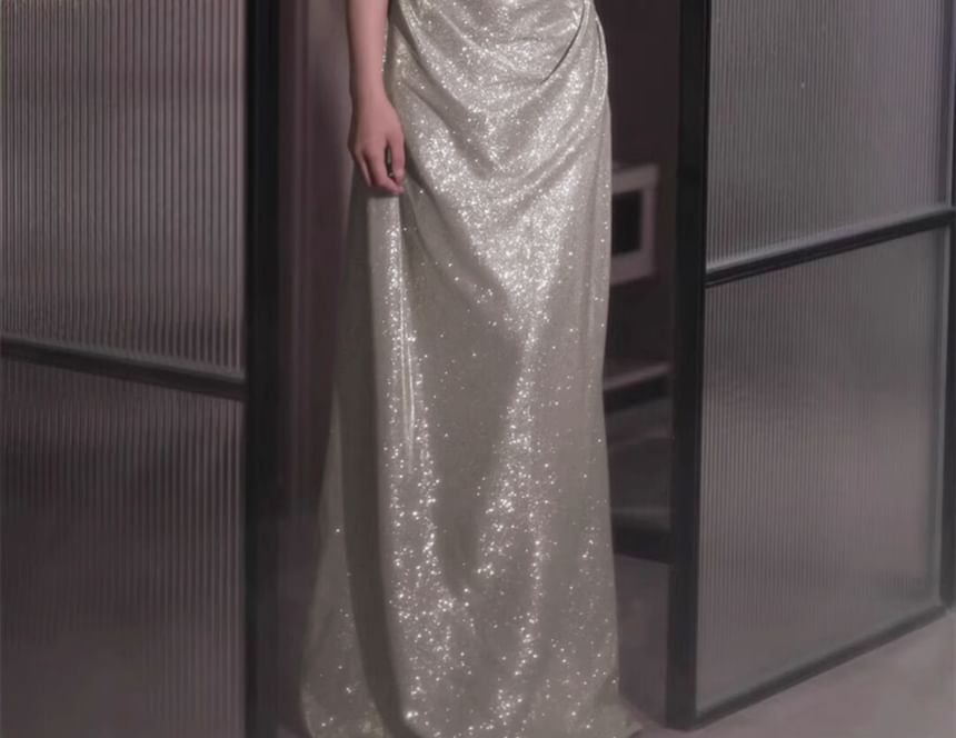 Off-Shoulder Plain Sequin Ruched A-Line Evening Gown