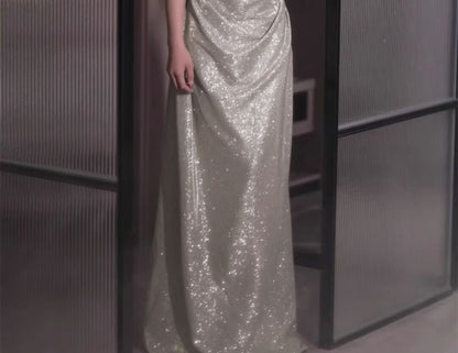 Off-Shoulder Plain Sequin Ruched A-Line Evening Gown