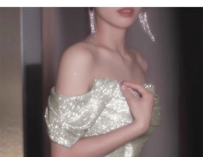 Off-Shoulder Plain Sequin Ruched A-Line Evening Gown