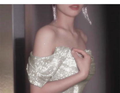 Off-Shoulder Plain Sequin Ruched A-Line Evening Gown