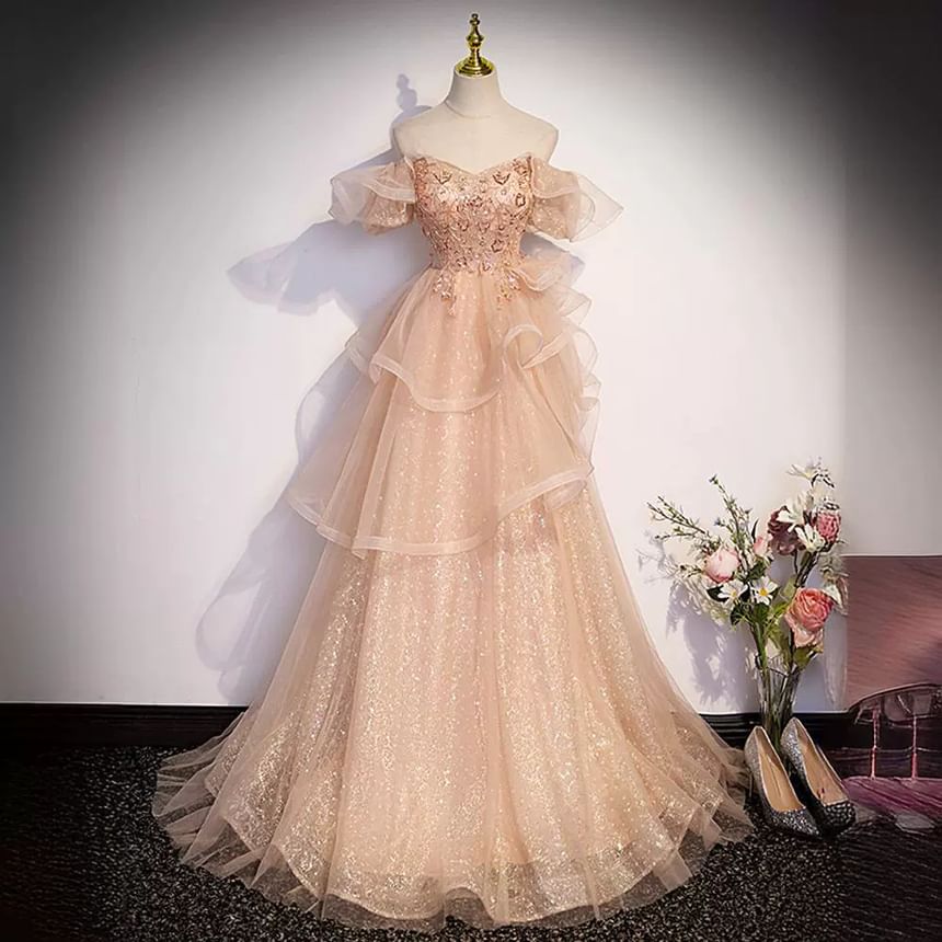 Evening A-Line Tiered Cap-Sleeve Sequin Gown