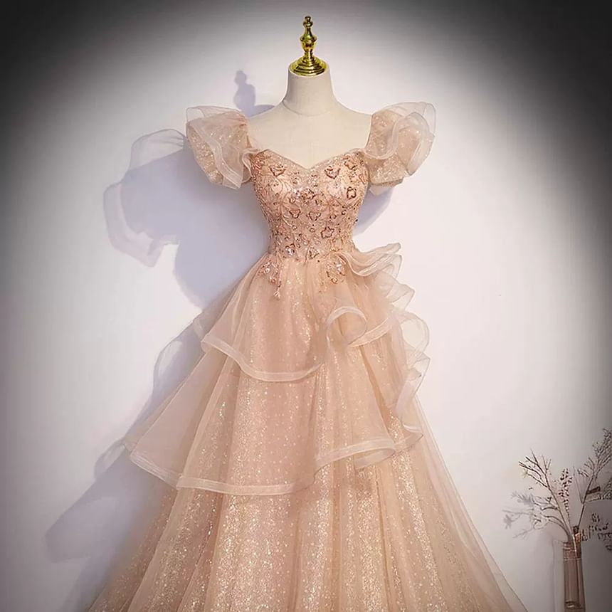 Evening A-Line Tiered Cap-Sleeve Sequin Gown