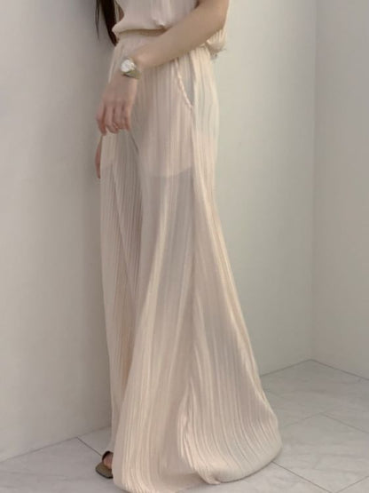 Ensemble : haut plissé uni à manches courtes et col montant + pantalon large à taille élastique