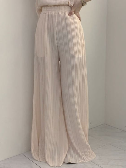 Ensemble : haut plissé uni à manches courtes et col montant + pantalon large à taille élastique