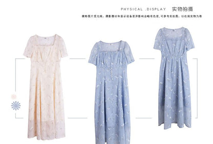 Plus Size Short Sleeve Square Neck Floral Print Midi A-Line Dress