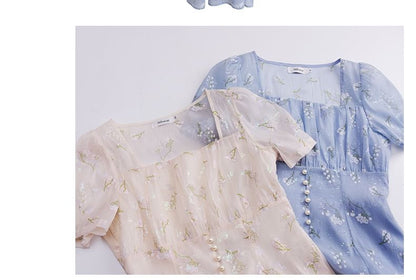 Plus Size Short Sleeve Square Neck Floral Print Midi A-Line Dress