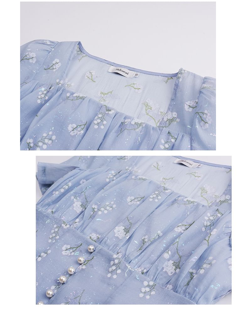 Plus Size Short Sleeve Square Neck Floral Print Midi A-Line Dress