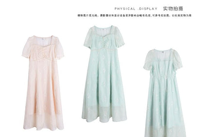 Plus Size Embroidered Mesh Puff Sleeve Square Neck Midi A-Line Dress