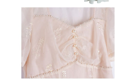 Plus Size Embroidered Mesh Puff Sleeve Square Neck Midi A-Line Dress