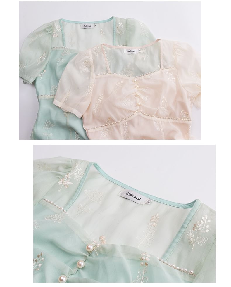 Plus Size Embroidered Mesh Puff Sleeve Square Neck Midi A-Line Dress