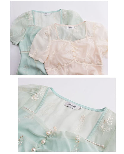 Plus Size Embroidered Mesh Puff Sleeve Square Neck Midi A-Line Dress