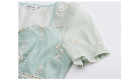 Plus Size Embroidered Mesh Puff Sleeve Square Neck Midi A-Line Dress