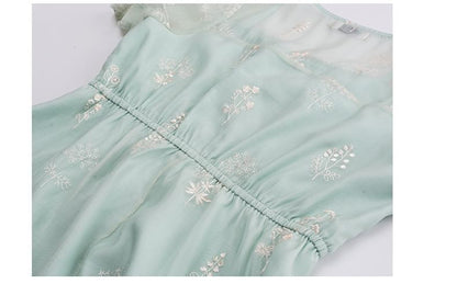 Plus Size Embroidered Mesh Puff Sleeve Square Neck Midi A-Line Dress