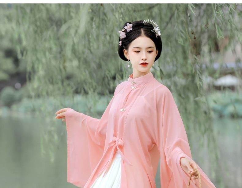 Set: Floral Embroidered Hanfu Top + Mid Rise Maxi Skirt