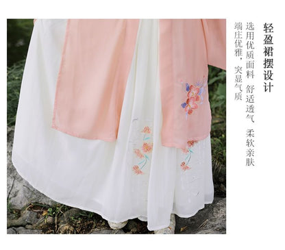 Set: Floral Embroidered Hanfu Top + Mid Rise Maxi Skirt