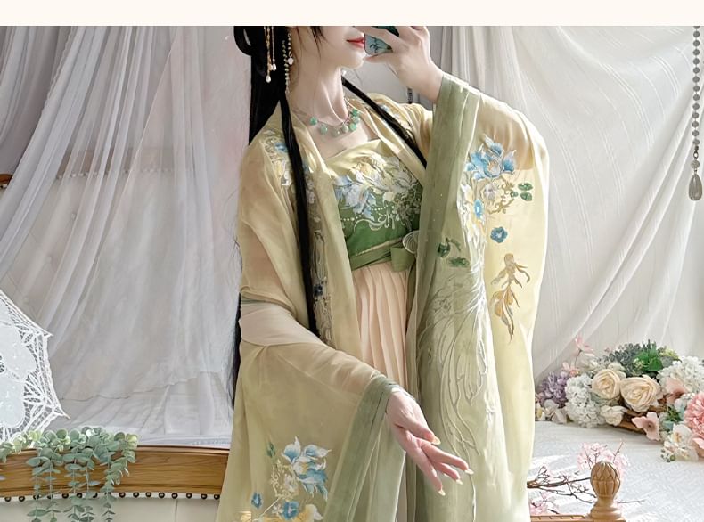 Floral Embroidered Hanfu Maxi Dress / Embroidered Light Jacket / Set