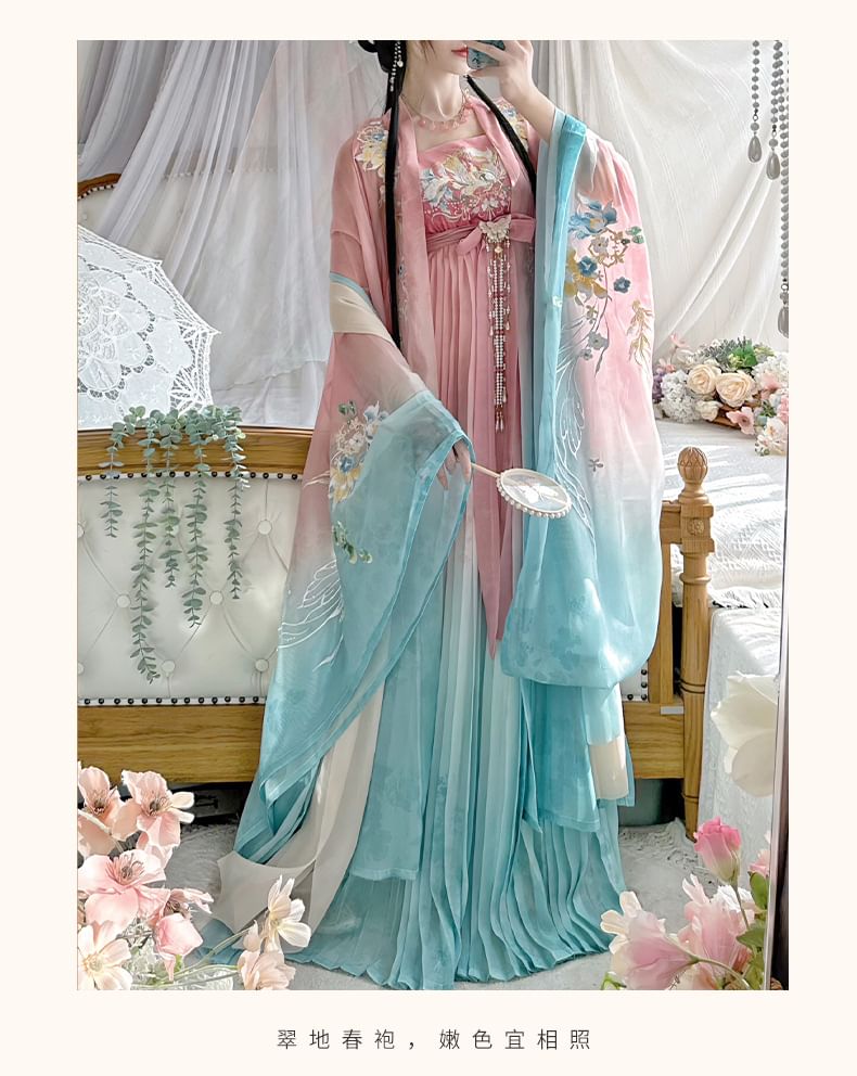 Floral Embroidered Hanfu Maxi Dress / Embroidered Light Jacket / Set