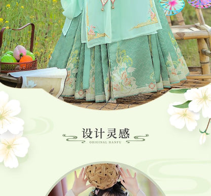 Set: Floral Embroidered Hanfu Long Blouse + Camisole Top + Maxi Skirt + Scarf