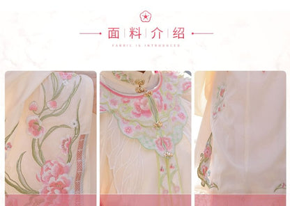 Set: Floral Embroidered Hanfu Long Blouse + Maxi Skirt + Scarf