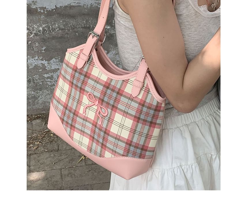 Bow Embroidered Plaid Panel Tote Bag