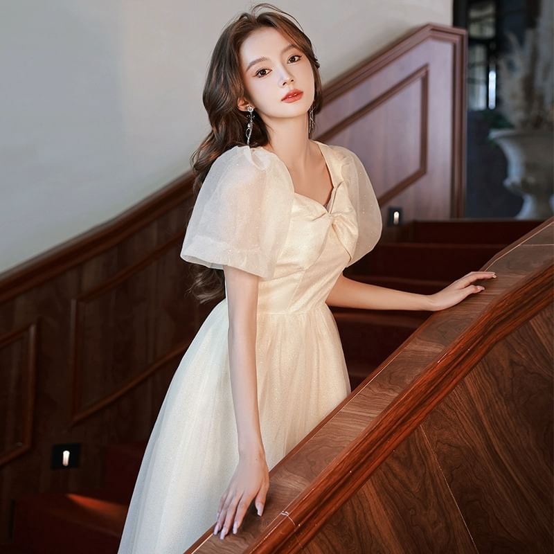 Gown A-Line Evening V-Neck Mesh Short-Sleeve