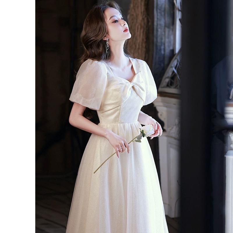 Gown A-Line Evening V-Neck Mesh Short-Sleeve