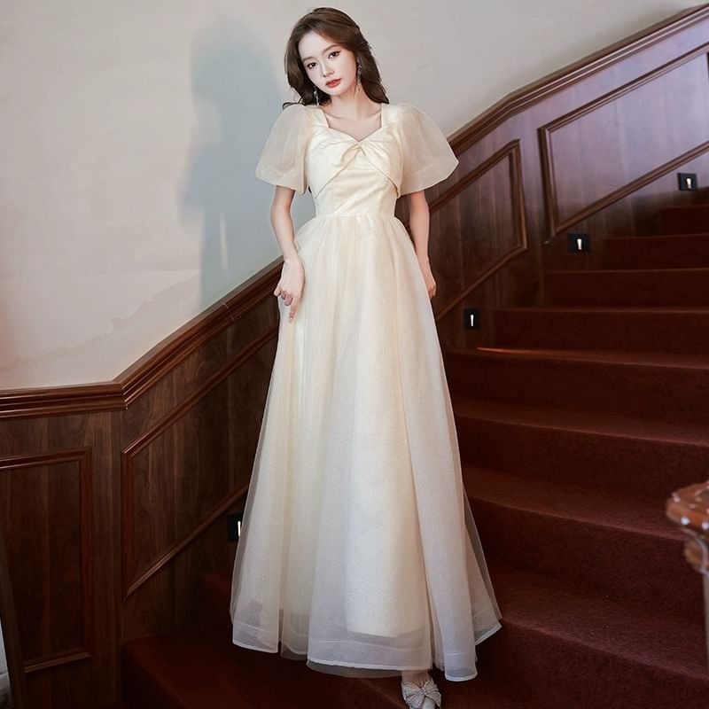 Gown A-Line Evening V-Neck Mesh Short-Sleeve