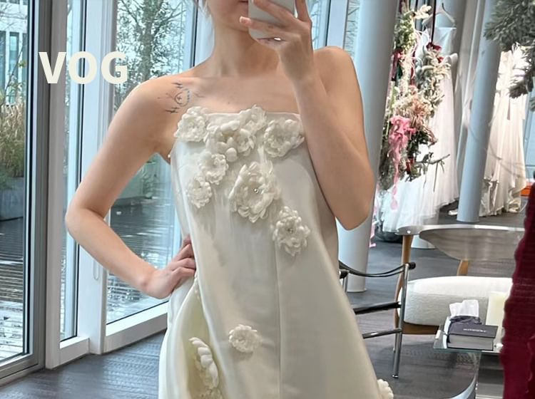 Strapless Gown Back Floral Accent Trained Satin Bow Plain Wedding A-Line