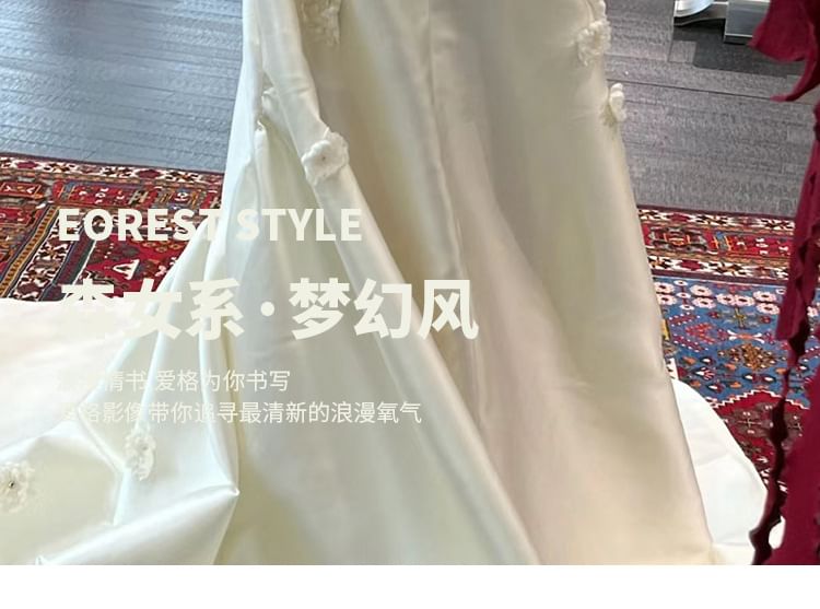 Strapless Gown Back Floral Accent Trained Satin Bow Plain Wedding A-Line