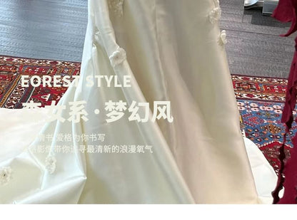 Strapless Gown Back Floral Accent Trained Satin Bow Plain Wedding A-Line