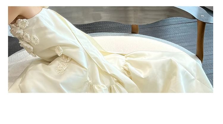 Strapless Gown Back Floral Accent Trained Satin Bow Plain Wedding A-Line