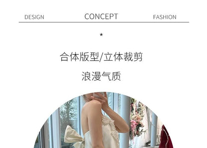 Strapless Gown Back Floral Accent Trained Satin Bow Plain Wedding A-Line