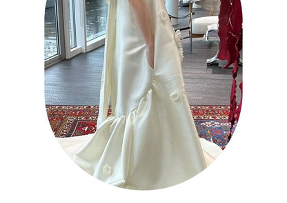 Strapless Gown Back Floral Accent Trained Satin Bow Plain Wedding A-Line