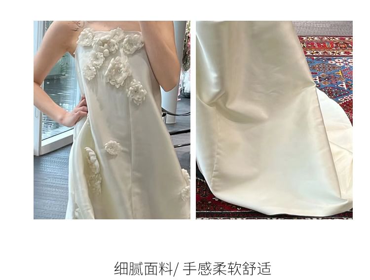 Strapless Gown Back Floral Accent Trained Satin Bow Plain Wedding A-Line