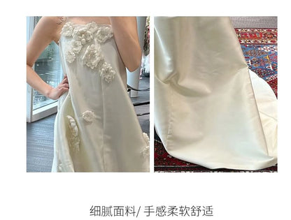 Strapless Gown Back Floral Accent Trained Satin Bow Plain Wedding A-Line