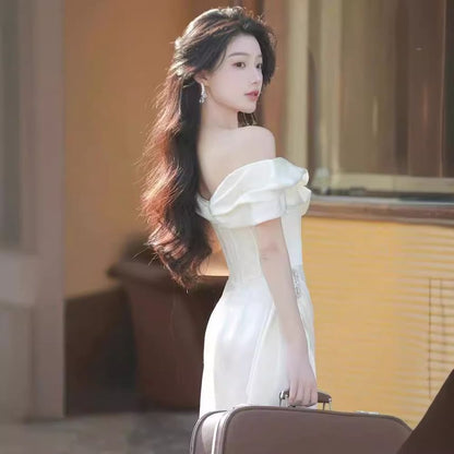 Short-Sleeve Off-Shoulder Plain Asymmetrical Ruched Wedding Dress