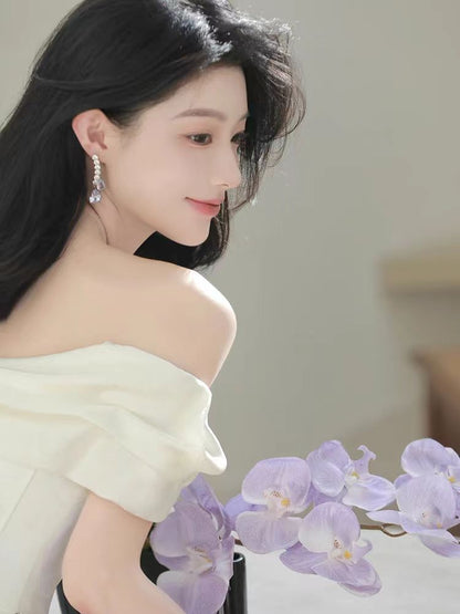 Short-Sleeve Off-Shoulder Plain Asymmetrical Ruched Wedding Dress