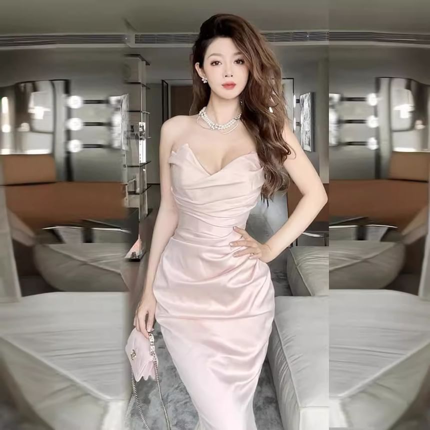 Strapless V-Neck Plain Ruched Midi Sheath Cocktail Dress