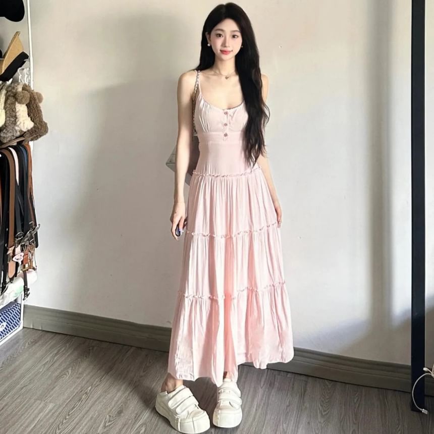 Thin Strap Tiered Button Maxi A-Line Dress