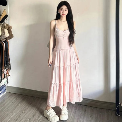 Thin Strap Tiered Button Maxi A-Line Dress