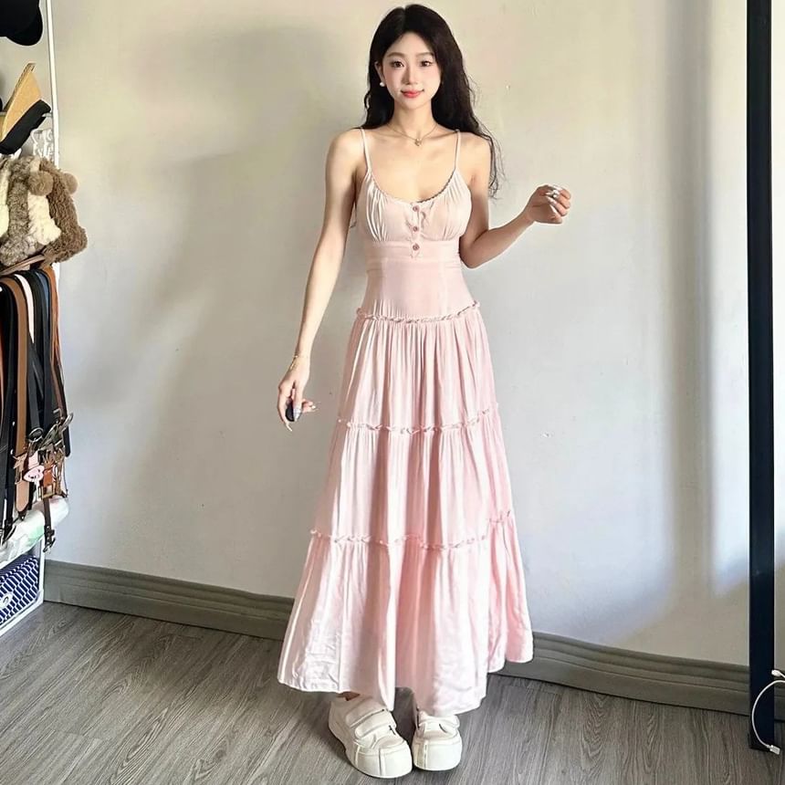 Thin Strap Tiered Button Maxi A-Line Dress