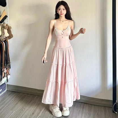 Thin Strap Tiered Button Maxi A-Line Dress