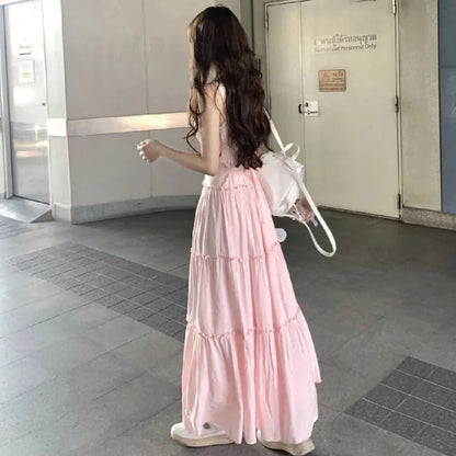 Thin Strap Tiered Button Maxi A-Line Dress