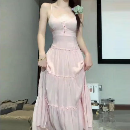 Thin Strap Tiered Button Maxi A-Line Dress